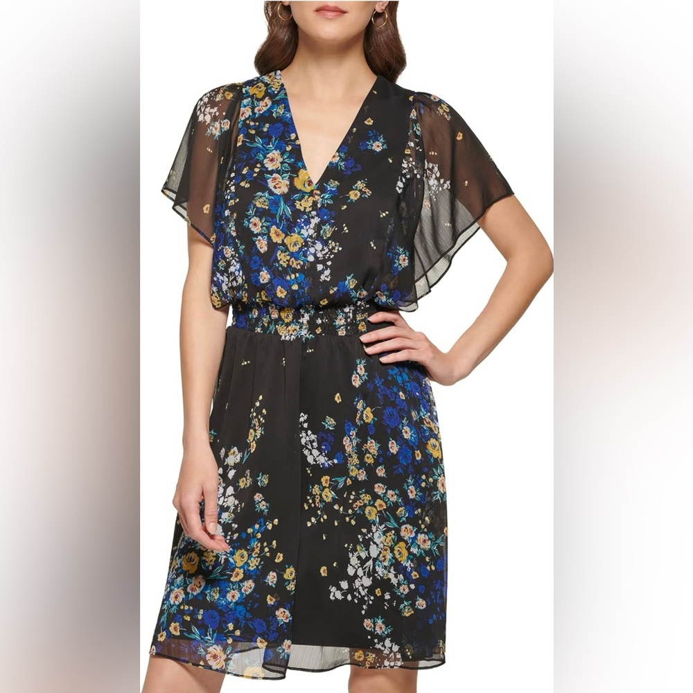 DKNY Women's Flutter Sleeve Smocked Waist Mini Dress